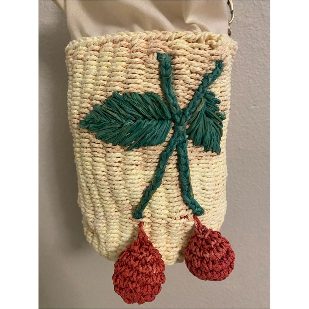 Woven Straw Cherry Crossbody Bucket Bag Cream Drawstring Summer Purse - Picture 3 of 13